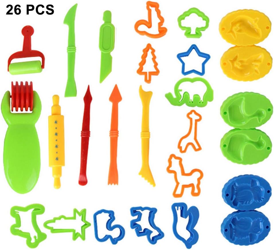 26 Pcs Clay Dough Tools Kit, Art Clay Modelling Tool Kit Dough Rollers Molds Cutters Plastic Play Dough Tools Set for Children Ages 3 and up (Random Colors)