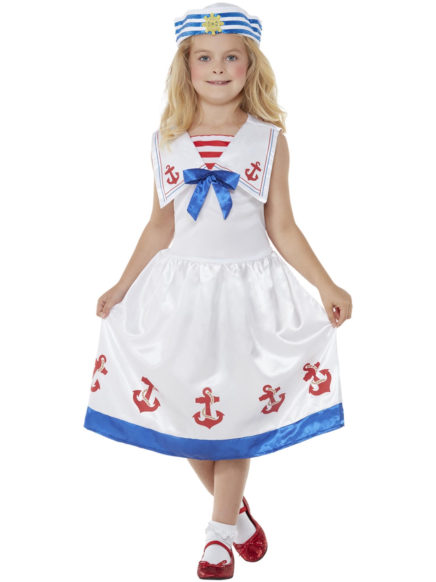 Smiffys High Seas Sailor Costume Dress & Hat, Girls Fancy Dress, Troops Dress Up Costumes