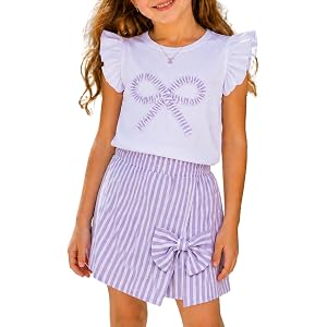 Thmrdk Toddler Girls Clothes Summer Short Sleeve T-Shirt + Short Shorts 2pcs Bow Outfit Set For Girls, Size 4-8 Years