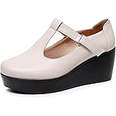 YHEROHG Women's Leather T-Strap Platform Wedge Mary Jane Shoes Comfort Round Toe Ankle Strap Non-Slip Casual Soft Cute School Dress Shoes for Work Outdoor Office