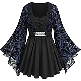 ROSE GAL Womens Plus Size Lace Applique Trim Ruched Buckle Flocking Floral Long Flare Sleeve 2 in 1 Flowy Top