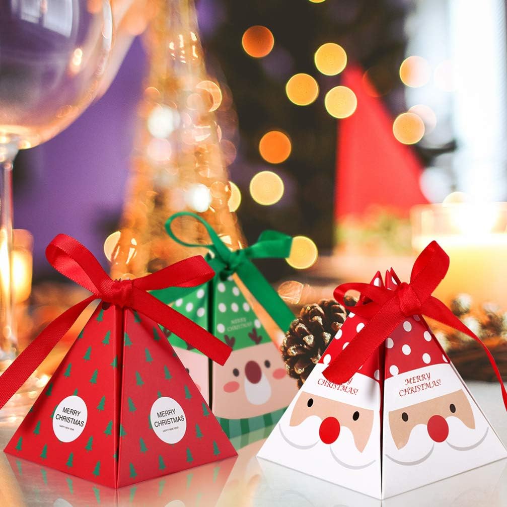 Pack of 50 Christmas Candy Boxes Tree Pattern Pyramid Candy Box Wrapping Bags Birthday Small Christmas Tree Santa Claus Reindeer Favour Xmas Candy Boxes - Image 3
