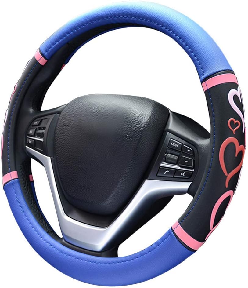 Steering Wheel Cover for Women Men, Love 3D Cartoon Heart Embossed Microfiber Blue Leather Breathable Anti Skid Car Accessories Universal 15 inch(Love-Blue)