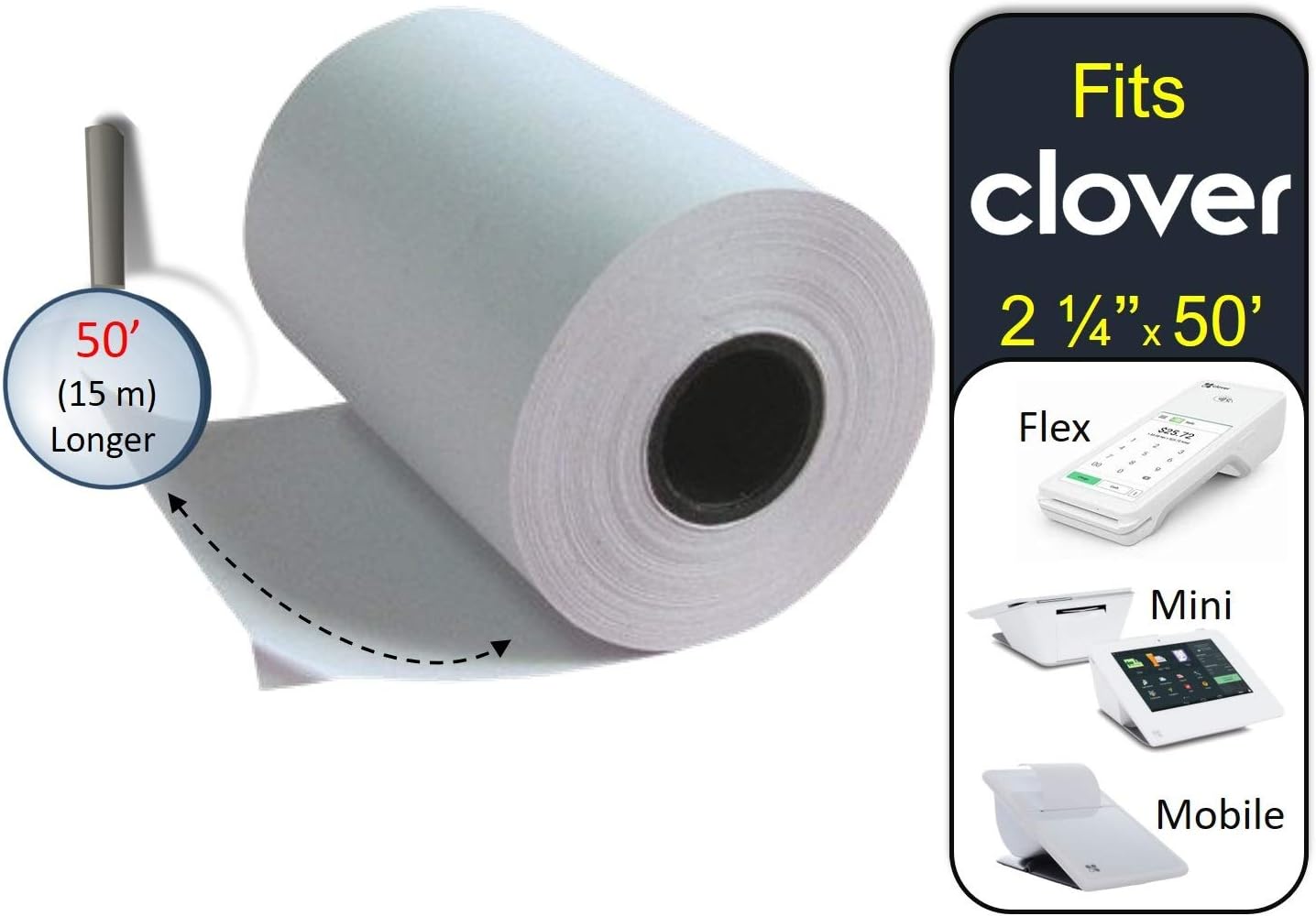 Thermal Paper Roll 2 1/4 x 50 for Clover Flex Mini Mobile