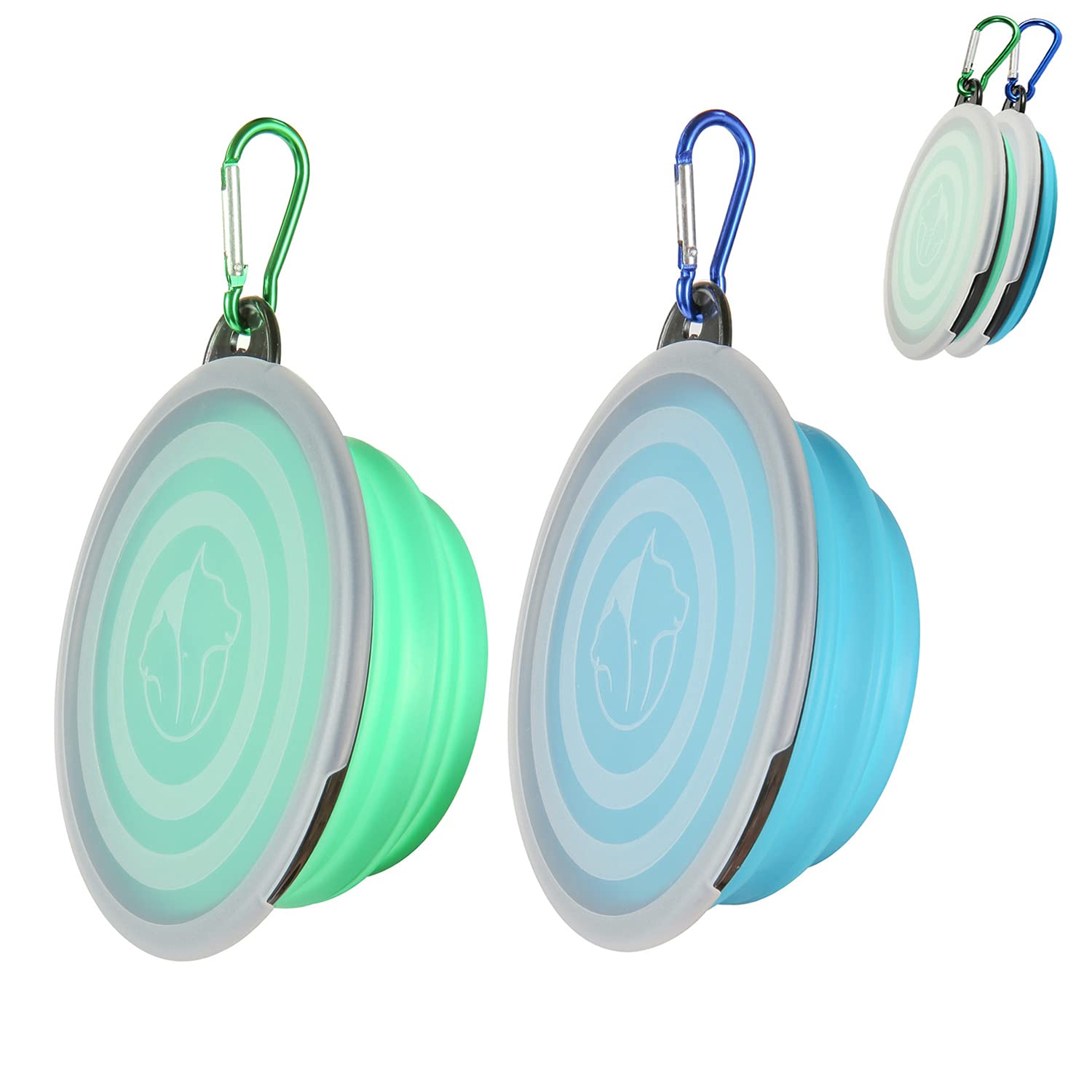 Photo 1 of SLSON Collapsible Bowl with Cover Lids,2 Pack Dog Travel Bowls Portable Foldable Cat Water Dish Bowl for Pets Walking Parking Camping (Light Blue and Green, Small)