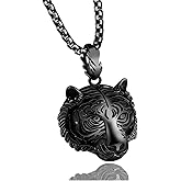Fusamk Punk Rock Titanium Steel Animal Tiger Head Pendant Chain Necklace