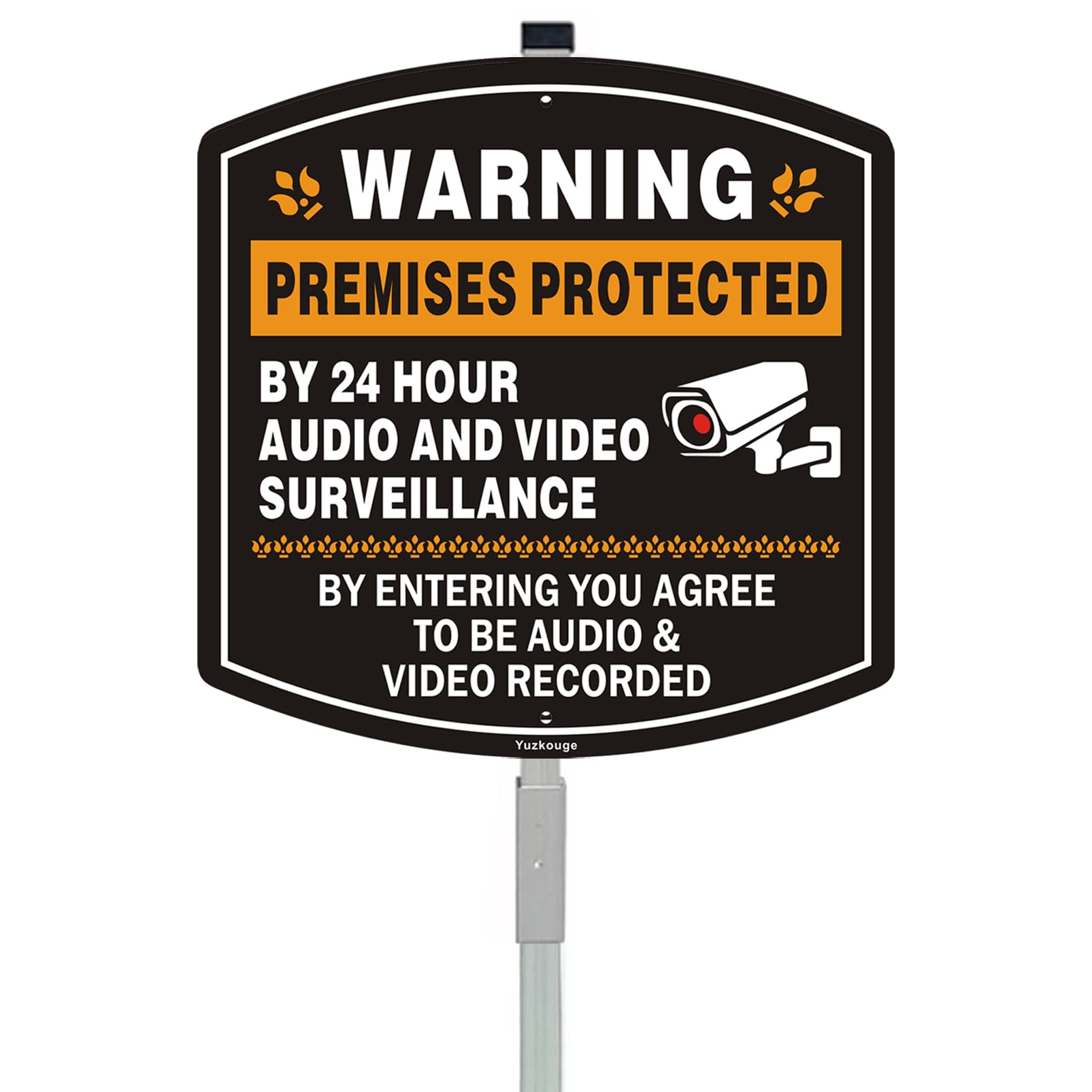 Yuzkouge Warning Premises Protected By 24 Hour Audio and Video Surveillance Sign with 35 Inches tall Stake, 12” x 12” aluminum No Trespassing sign for House Lawn Business., Black