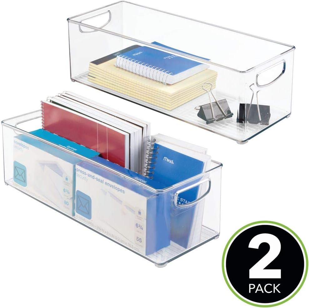 mDesign Large Stackable Plastic Storage Bin Container, Home Office Desk and Drawer Organizer Tote with Handles - Holds Gel Pens, Erasers, Tape, Pens, Pencils, Markers - 16" Long, 2 Pack - Clear : Office Products