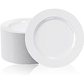 FOCUSLINE 100 Count White Plastic Plates 10 Inch, Disposable Heavy Duty Dinner Plates- Premium Hard Plastic Plates Fancy Disposable White Plates for Weddings, Parties and Events