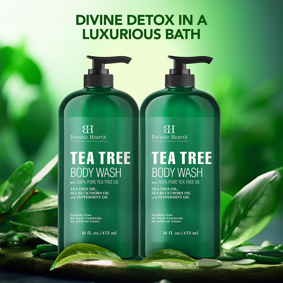 Botanic Hearth Tea Tree Body Wash (Pack of 2) for Men and Women - Moisturizing Body Wash Helps Soothe the Skin - Refreshing and Hydrating Cleanser, Sulfate Free, Paraben Free - 16 Fl Oz each