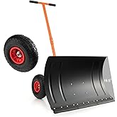 GYMAX Snow Shovel, 74cm Snow Shovel for Driveway with 26cm Pneumatic Wheels, Angle Adjustable Blade & Handle, Heavy Duty Ergo