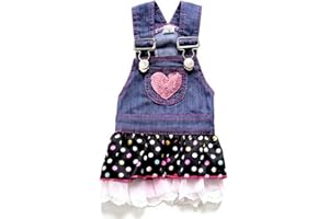 SELMAI Dog Costumes Dress Rompers Denim Jumpsuit for Small Puppies Pet Cats Princess Jean Clothes with Pocket Bib Outfits Pleated Tiered Skirt Polka Dots Heart Sequins for Summer S