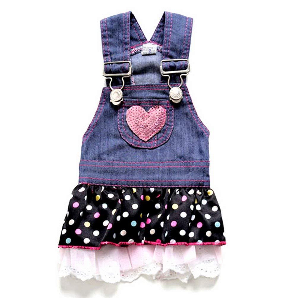 SELMAI Dog Dress Princess Denim Pleated Tiered Outfits Skirt Polka Dots Heart Paillettes Summer Blue XL,for Small Dog Cat Puppy
