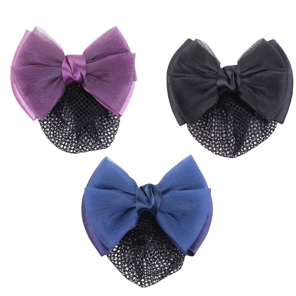 Minkissy Bowknot Hair Snood Net, 3Pc Bow Hair Clip Bun Cover Mesh Work Hairnets Bow Barrette Hairpins for Stewardess Banks Hotels Restaurant Staff (Purple/Black/Dark Blue)