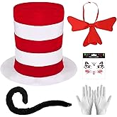 PANMAY 5Pcs Cat Costume Set Red White Striped Hat Oversized Bowtie Gloves Tail Sticker Accessories Adult Hallween Dress Up