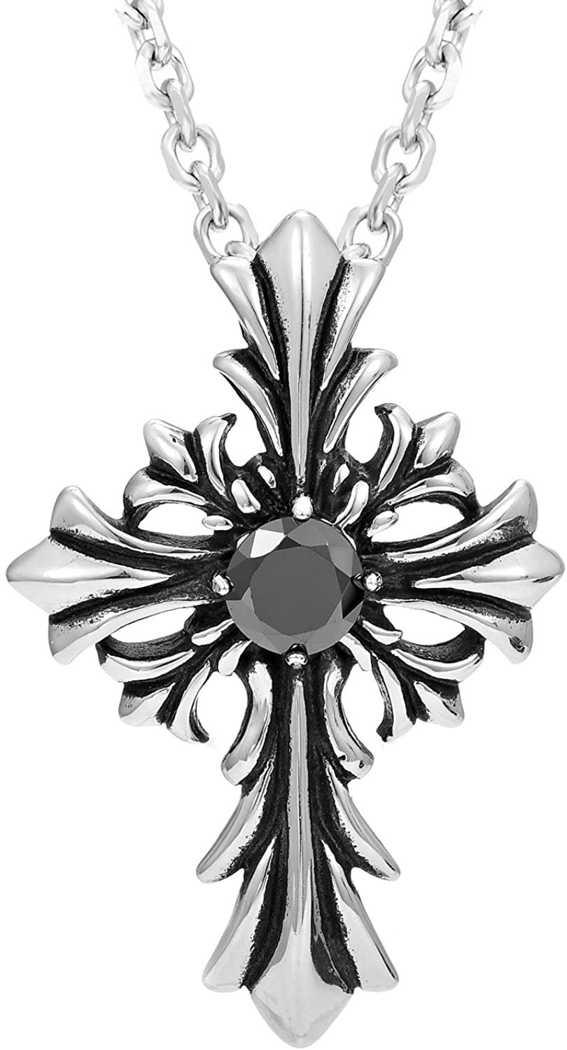 URBAN JEWELRY Men's Vintage Royalty Celtic Shield Cross Stainless Steel Silver Color Pendant Necklace with Cubic Zirconia