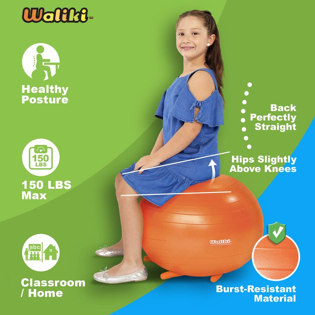 WALIKI Chair Ball Seat with Stability Legs for Kids | Flexible Classroom Seating | 20"/50CM Orange: Sports & Outdoors