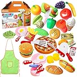 Play Food Set for Kids 40Pcs Pretend Cutting Fruits Food Playset Kitchen Cooking Sets Toys for Educational Learning Fake Plastic Foods for Toddlers Kids Girls Boys Inspiring Imagination with Apron Hat