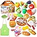 Play Food Set for Kids 40Pcs Pretend Cutting Fruits Food Playset Kitchen Cooking Sets Toys for Educational Learning Fake Plastic Foods for Toddlers Kids Girls Boys Inspiring Imagination with Apron Hat