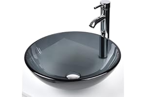 Puluomis Bathroom Vessel Sink, Round Glass Vessel Sink Basin with Faucet Pop-Up Drain, Grey