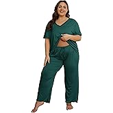 Vozanet Women's Plus Size Pajama Sets Short Sleeve Long Pants Solid Color with Piping Trim Elegant Loungewear Cozy Sleepwear