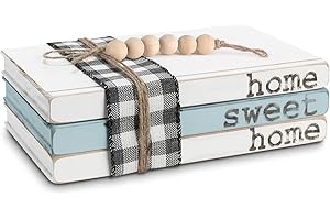 HEATHER & WILLOW Wooden Rustic Decorative Books with Wood Bead Garland | Farmhouse Coffee Table Decor | Faux Fake Books for Living Room Kitchen End Table & Bookshelf Wall Decorations | Home Sweet Home Sign - Blue