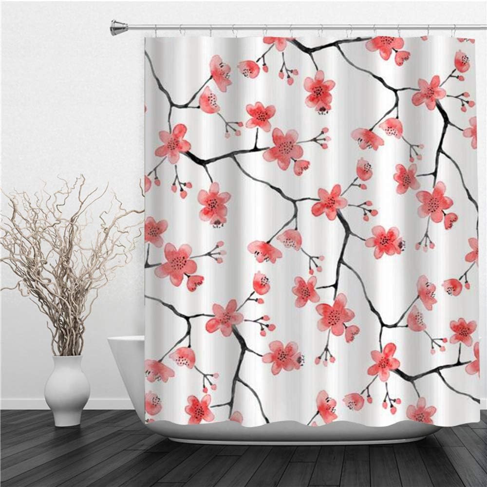 AIMILUX Cortinas Ducha，Flor de Ciruela roja de Estilo Chino Impresa