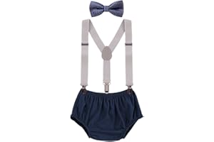 IBTOM CASTLE Baby Boys Cake Smash Outfit First Birthday Bloomers Bowtie Suspenders Clothes set