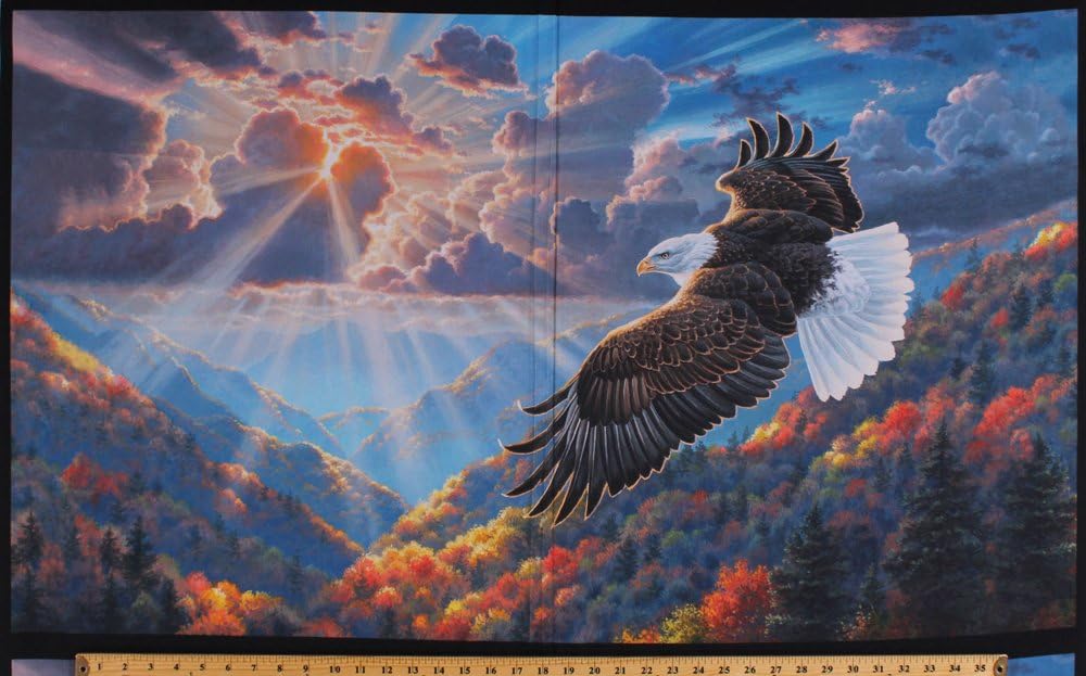 Amazon Com 24 5 X 44 Panel Soaring Eagle Bald Eagle Sunset Mountains Hills Birds Nature Scenic Northwoods Landscape Patriots Patriotic Digital Cotton Fabric Panel Aqhd 17634 202 Americana