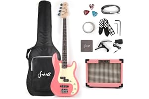 Fojill Full Size 4 Four String Electric Bass Guitar 10W Battery Power Bluetooth Amplifier Amp Right Hand Beginner Starter Kit Set Combo Bundle Accessory Bag,Strap,Picks,Capo,Cable,Strings(Pink)