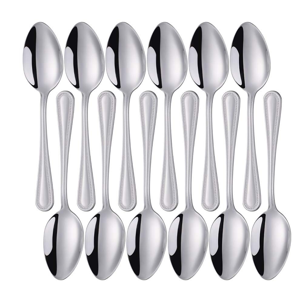 SUNSENGEUR Dessert Spoons, 18/0 Stainless Steel, Bead Pattern Cutlery 17.8 cm with Bead Pattern -Silver,Pack of 12