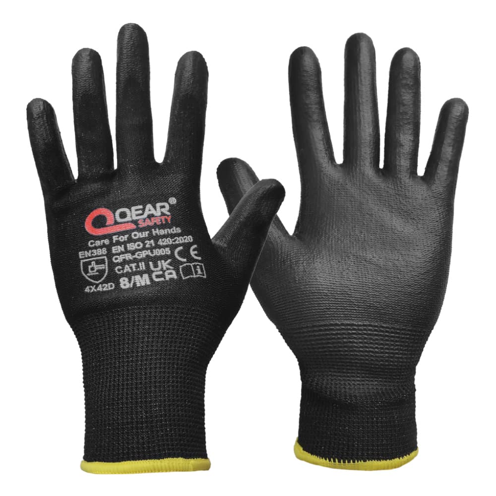 QEARSAFETY 2 Pairs Black Blade Cut 5 Work Safety Gloves, Thin PU Palm Coated, Sharp Edge Cut Risk Protect, Breathable, Comfort, Grip, Multi-Function Use (M)