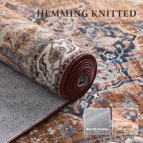 8x10 Washable Large Boho Area Rug for Living Room Bedroom Office Kitchen Entrance Dining Room Non Slip Soft Low-Pile Deerly Vintage Farmhouse Bohemian Rug, Brickred