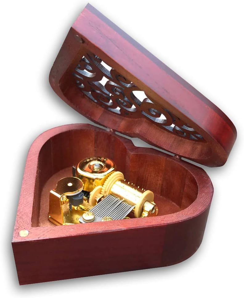 Brown Wooden Hollow Out Heart Shape Music Box with Sankyo Musical Movement (50 Tunes Option) (Can't Help Falling in Love)
