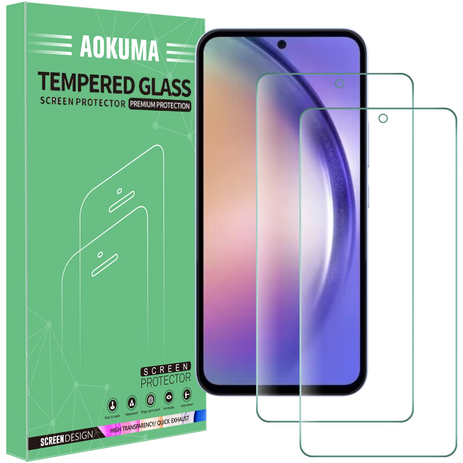 AOKUMA For Samsung Galaxy A54/S23 FE 5G Tempered Glass Screen Protector, 2 Pack Screen Protector,9H Hardness,Anti-Scratch,Anti-Fingerprint,Bubble-Free,HD Clear,Premium Protective Film Case Friendly