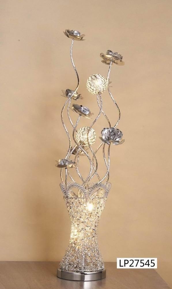 Silver Woven Vase Wire LED Lamp with Silver Rose Flower 80cm Tall