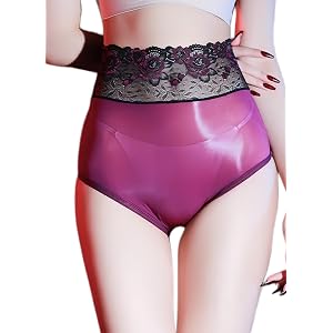 FEOYA Women's Glossy Oily Shiny Shorts Lace Trim Biker Panties Underwear Smooth Underwear