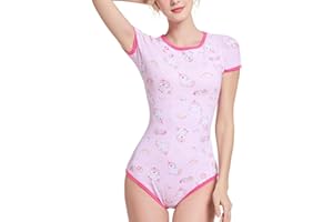 Landofgenie Womens Short Sleeve Bodysuit Cotton Romper One Piece Pajamas Print Onesie Tops- Unicorn