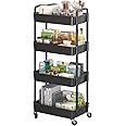 Sywhitta 4-Tier Plastic Rolling Utility Cart with Handle, Multi-Functional Storage Trolley for Office, Living Room, Kitchen, Movable Storage Organizer with Wheels, Black
