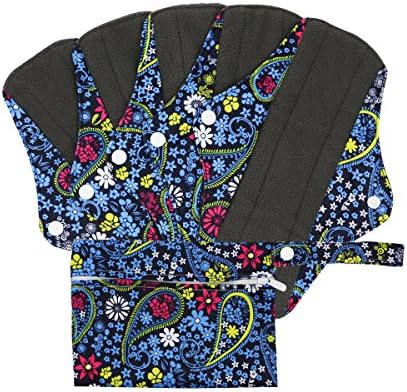 Reusable Cloth Menstrual Pads (5 Packs + Bag) with Carbon Absorbent Layer, Washable Sanitary Napkin, Overnight Panties (Flower Print) (Heavy Flow / Overnight)