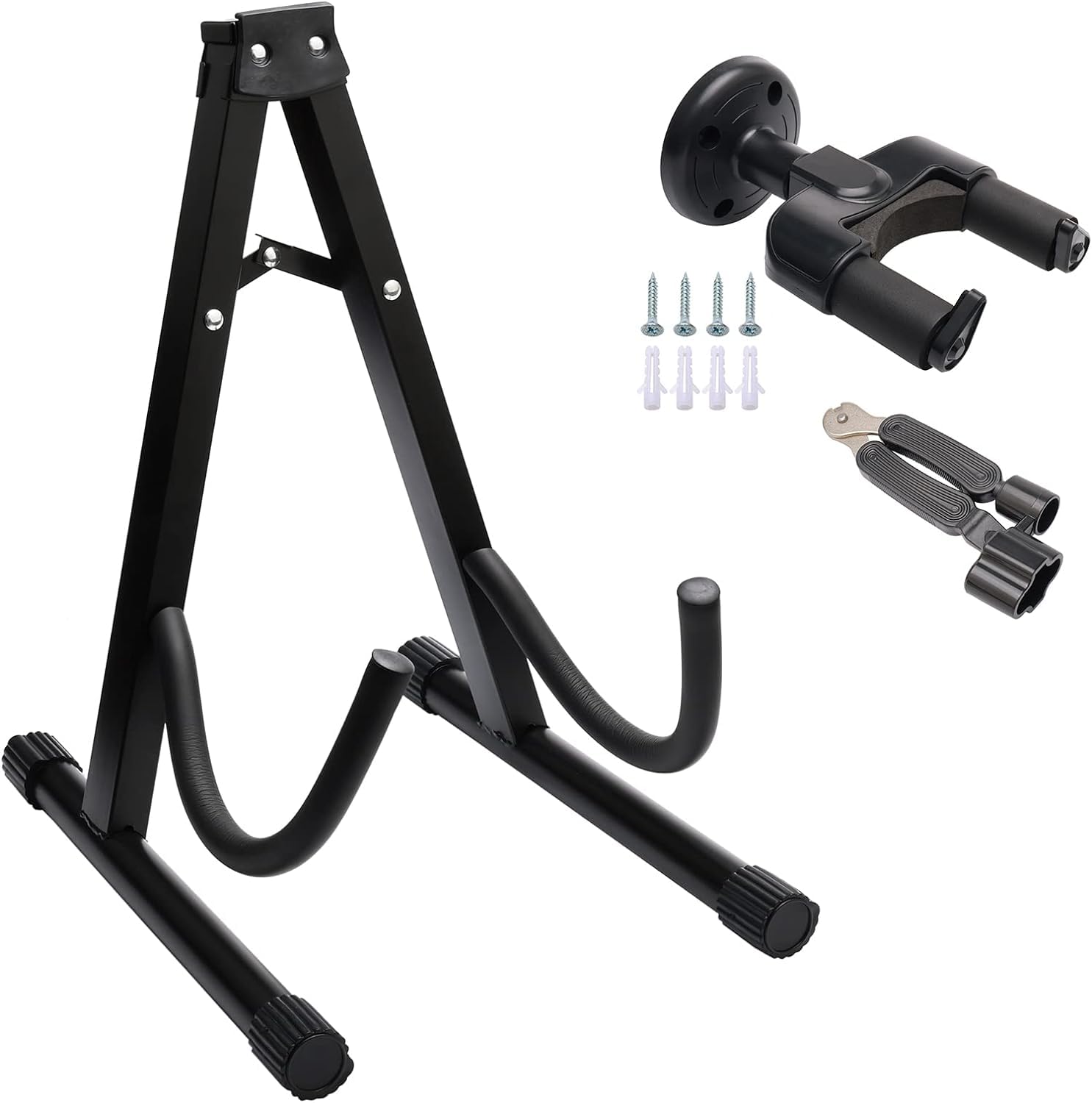 Rowiz Guitar Folding Stand Kit Portable Metal A-Frame Bracket Holder with Secure Lock for Acoustic and Electric Guitars (Black, Arc Arm)