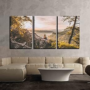 3 Piece Canvas Wall Art - Fall Landscape with a Woman Sitting on The Mountain - Modern Home Art Stretched and Framed Ready to Hang - 16"x24"x3 Panels