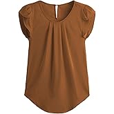 Milumia Women's Casual Round Neck Basic Pleated Top Cap Sleeve Curved Keyhole Back Blouse