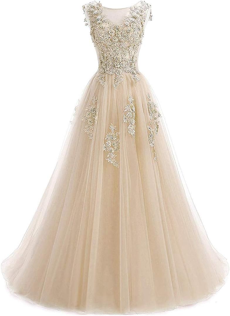 Ever Girl Women's Sweep Lace Appliques Scoop Collar Tulle A-Line Prom Dresses