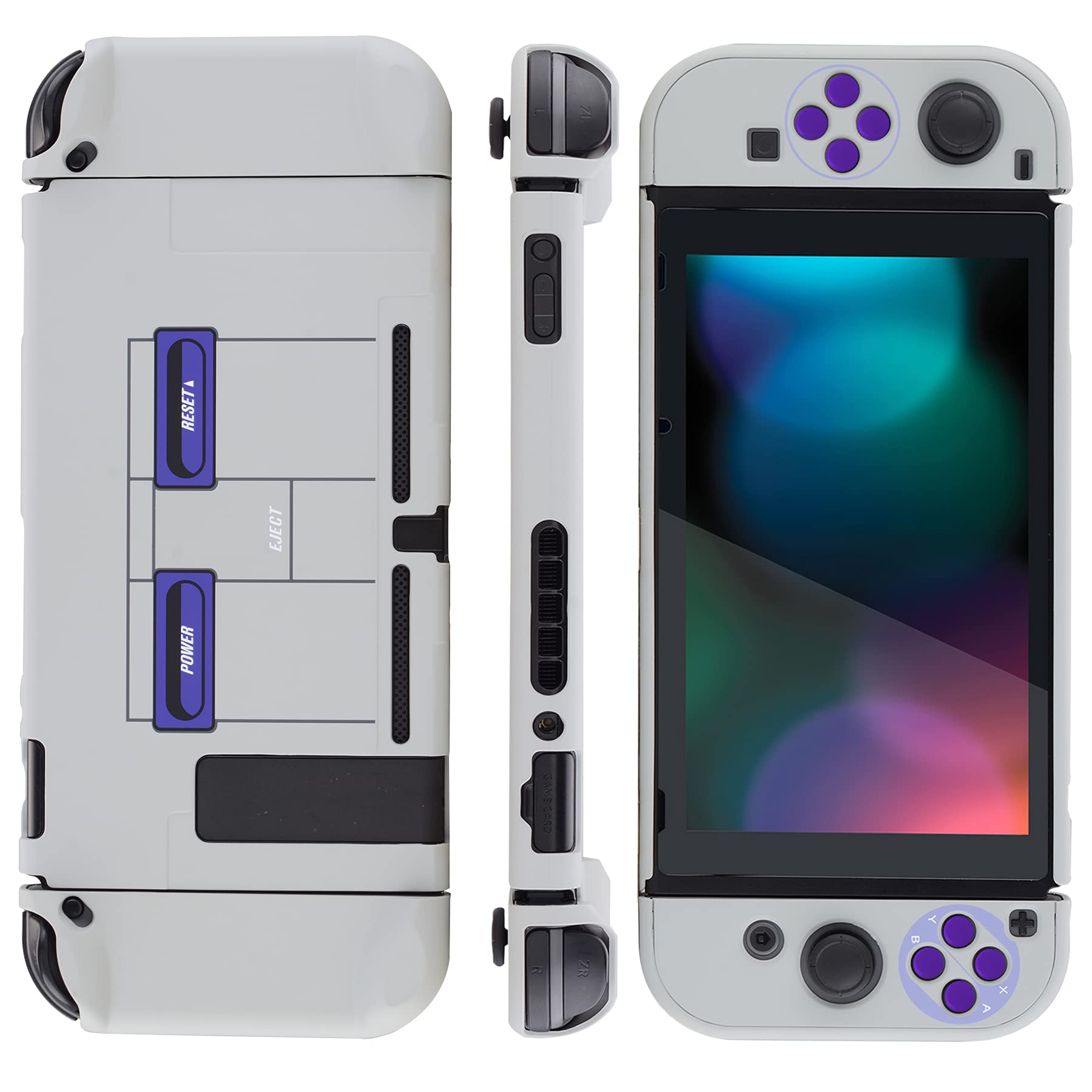 eXtremeRate PlayVital Back Cover for Nintendo Switch Console, NS Joycon Handheld Controller Protector Hard Shell, Dockable Protective Case with Purple ABXY Direction Button Caps - Classics SNES Style