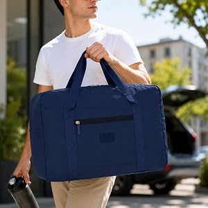 Travel Duffel Bag with Front Zipper Pocket and Carry Handles (blue) | Lightweight fabric body packs clothes and essentials fo