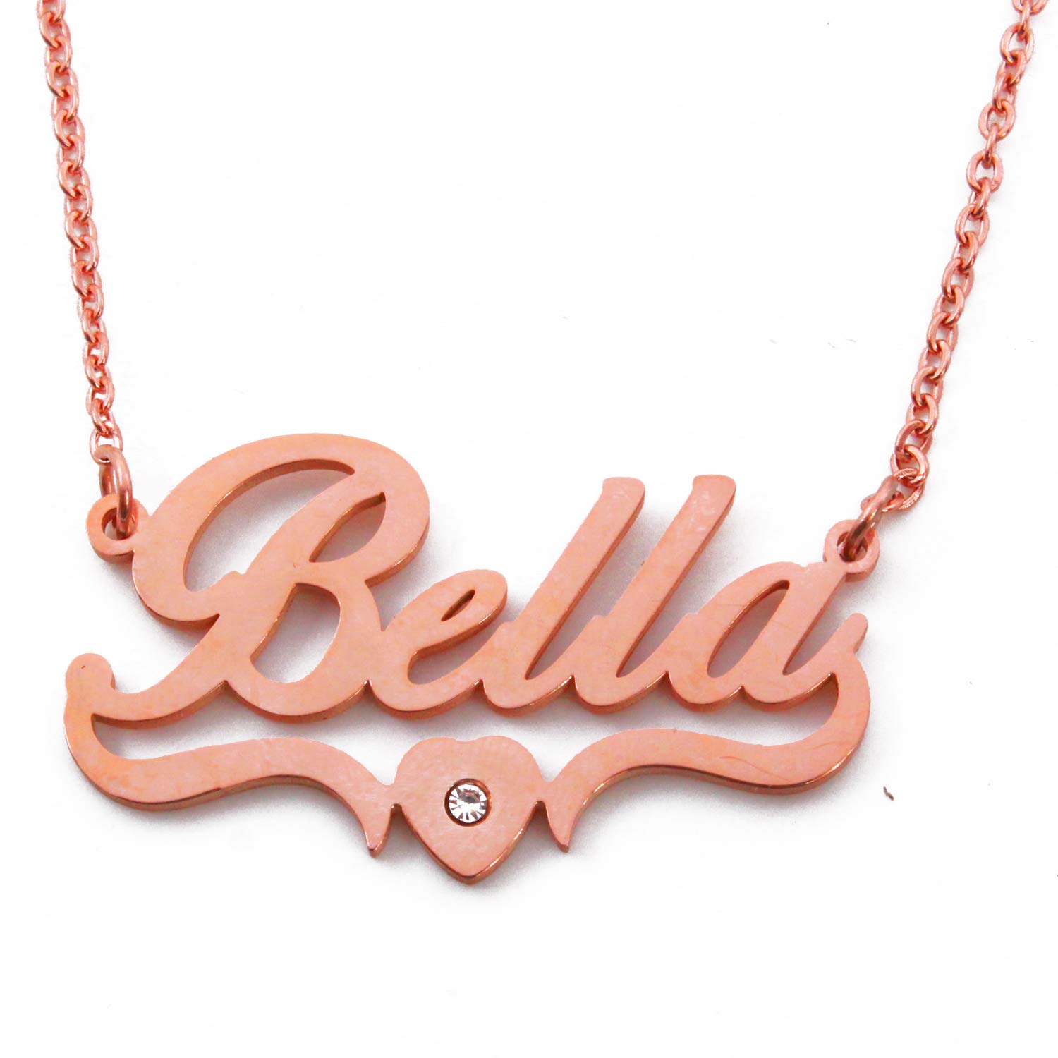 Kigu Bella Name Necklace Heart Shaped Personalised Rose Gold Plated, Custom Dainty Name Pendants, Jewellery for Ladies, Girlfriend, Mother, Sister, Friends Inc Bag & Box