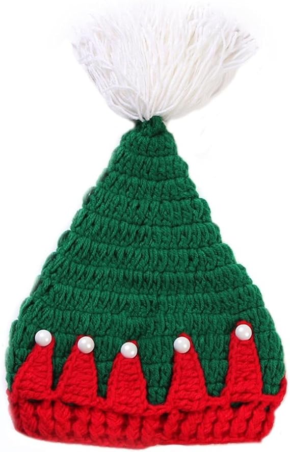 BIBITIME Christmas Tree Knit Hat Green Red Crochet Handmade Beanie