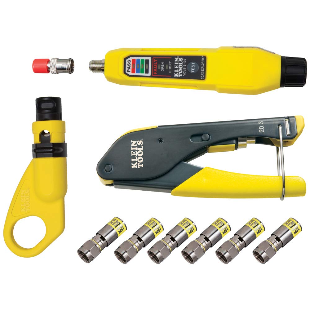 Photo 1 of Klein Tools VDV002-818 Coax Install and Test Kit with Crimp Tool, Includes Tester, Stripper and Universal F Connectors