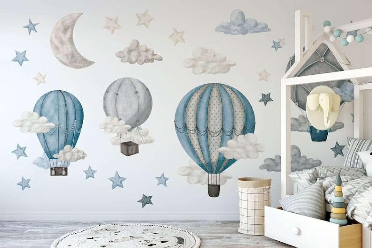 BelleImpression Hot Air Balloon Wall Stickers for Nursery Wall Decor, Removable Wall Decal Cloud Stickers for Kids Bedroom, Living Room, playroom - Blue Large